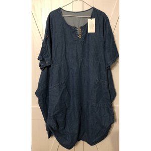 Mini Bee Dress Womens Size XXL Midi Cottage Core Short Sleeve Denim Blue NWT
